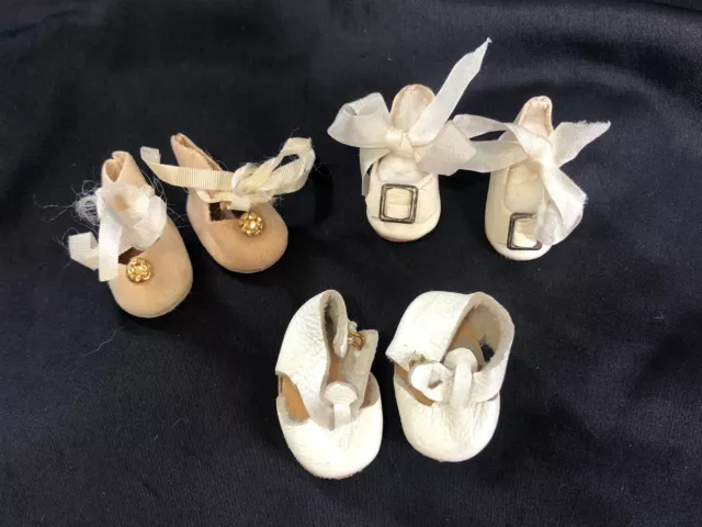 3 Pairs Antique Victorian Era  Handmade Leather Doll Shoes Leather & Lace