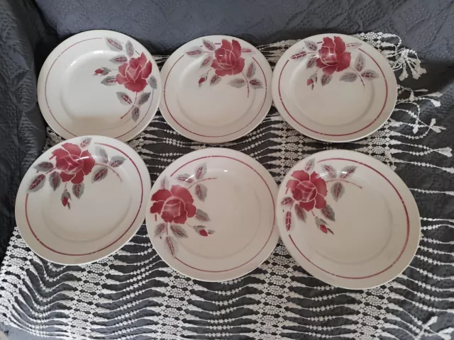 6 Assiettes plates Moulin des Loups décor roses