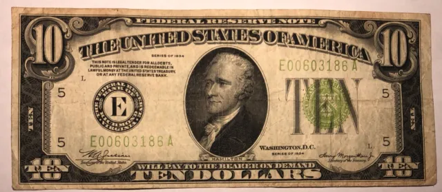 1934 $10 Federal Reserve Note FRB E Richmond FR2004E Nice Fine-VF, lt green. #45