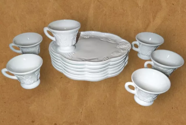 INDIANA COLONY Milk Glass White HARVEST GRAPE Snack Luncheon Cup Plate 6 Pc Set