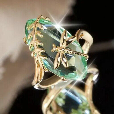 Luxury Gold Plated Dragonfly Green Pink Crystal Ring for Women Wedding Jewelry