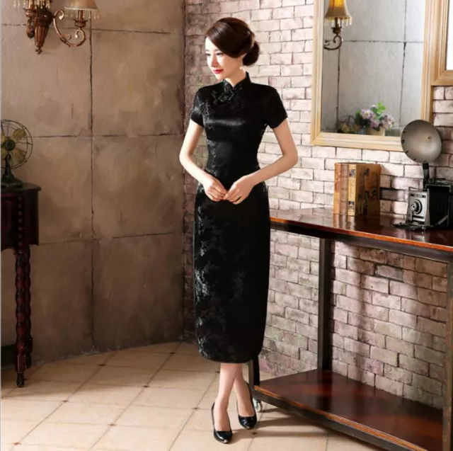 Nuevo Lujoso Cereza Botones Negro Chino Vestido Largo Cheongsam Qipao lcdress16