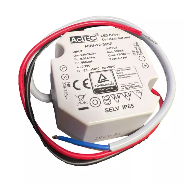 Mini Led Driver IP65, Corrente Costante 350Ma 17V-34VDC 12W, Dimensione Ridotta