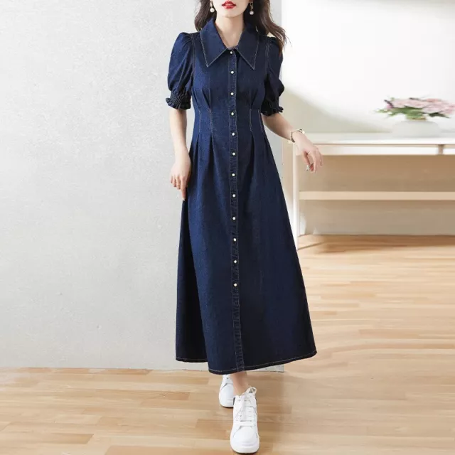 Womens Elegant Lapel Collar Single Breasted Short Puff Sleeves Slim Denim Dress