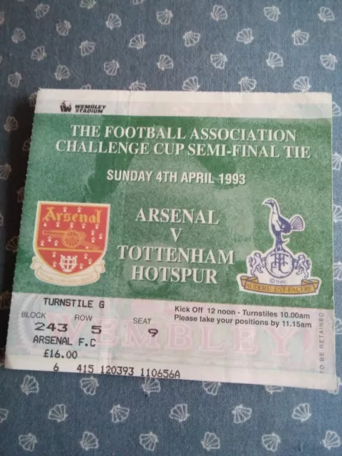 1993 Fa Cup Semi-Final Arsenal V Tottenham Hotspur Original Ticket Freepost