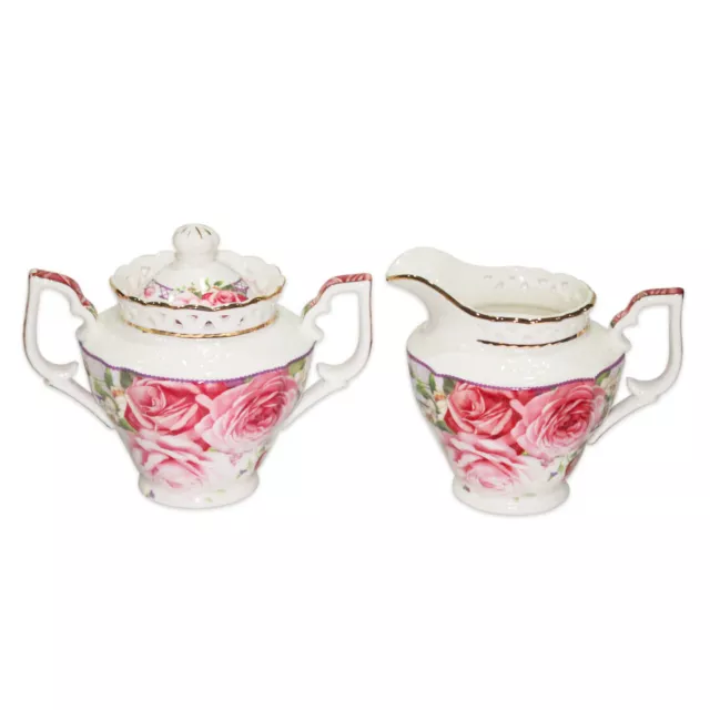 Fine Bone China Pink Rose Pink Rose Sugar and Milk Pot w Gift Box 12cm