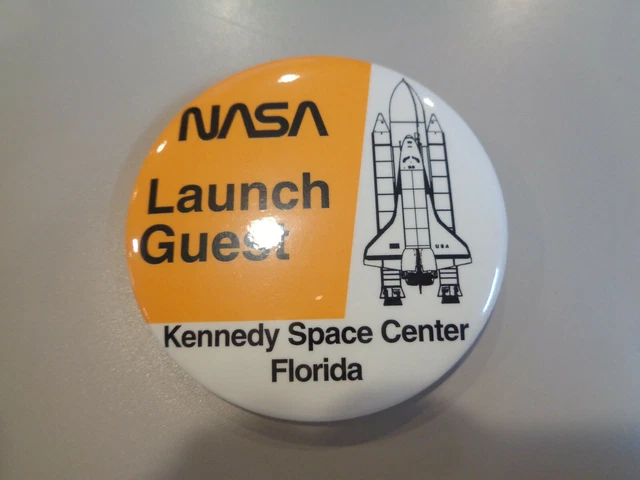 NASA  Vintage Button  "LAUNCH GUEST" Kennedy Space Center Florida Pin Orange