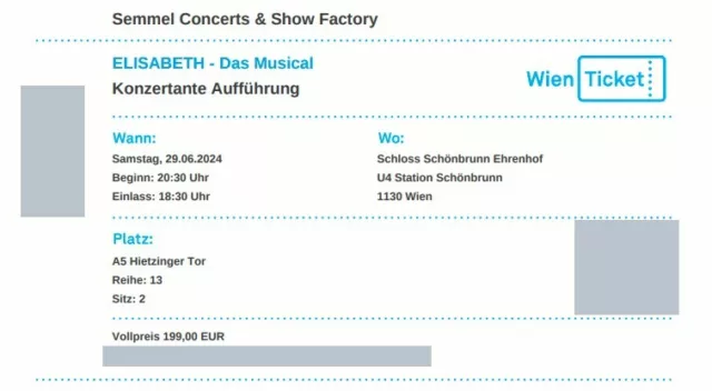 2 Tickets für Musical Elisabeth, Samstag 29.06.2024 auf Schloss Schönbrunn, Wien 2