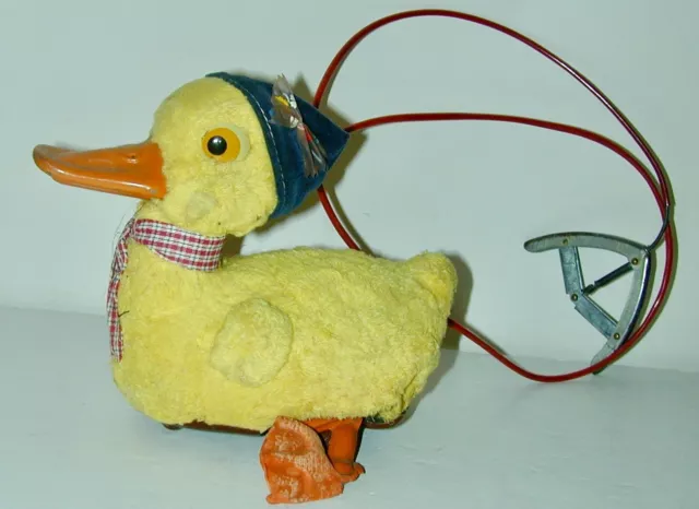Mechanical Cable Operated Waddling Quaking Plush Duck  Japan 1950s