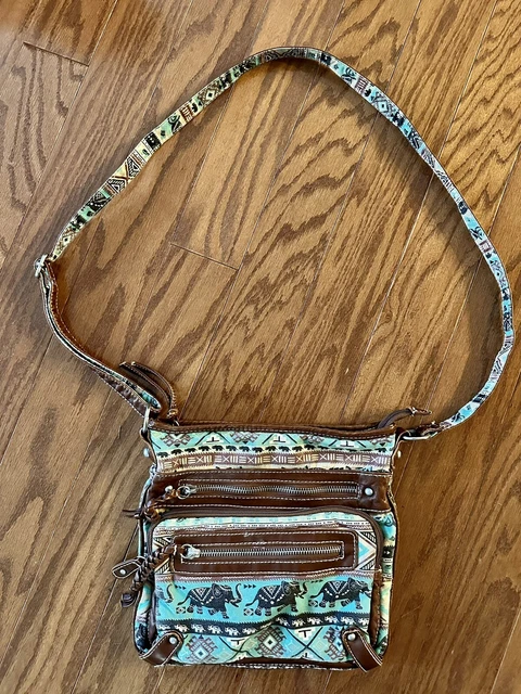 Brown Leather Tribal Hippie ELEPHANT Pattern Zip Strap Crossbody Purse Bag