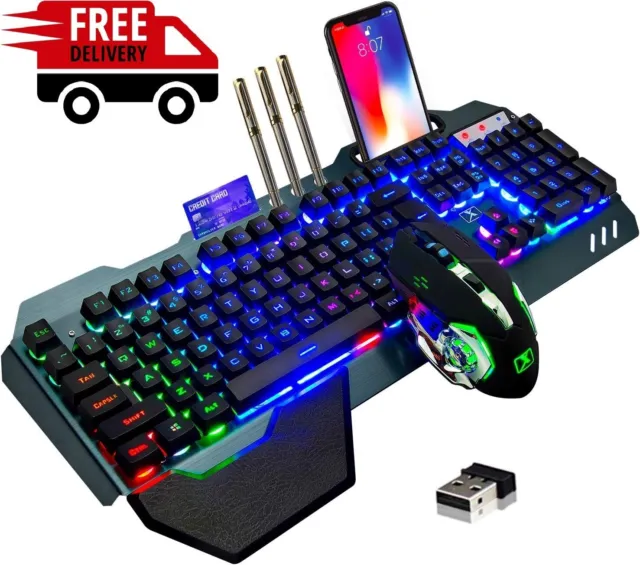 RGB Wireless Gaming Keyboard & Mouse Set with 5000mAh Battery - Black Rainbow