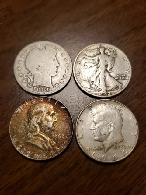 4 Coin Half Dollar Lot, Barber Walking Liberty Kennedy Franklin 90% Silver Coins