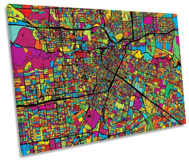 Houston City Modern Map Picture SINGLE CANVAS WALL ART Print Multi-Coloured