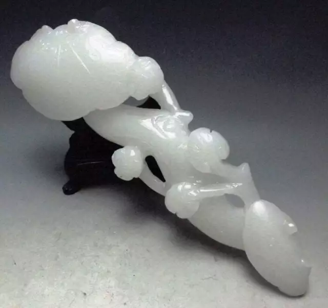 10''H- Chinese Genuine Natural White A Jade HandCarved Lingzhi & Ruyi Statue