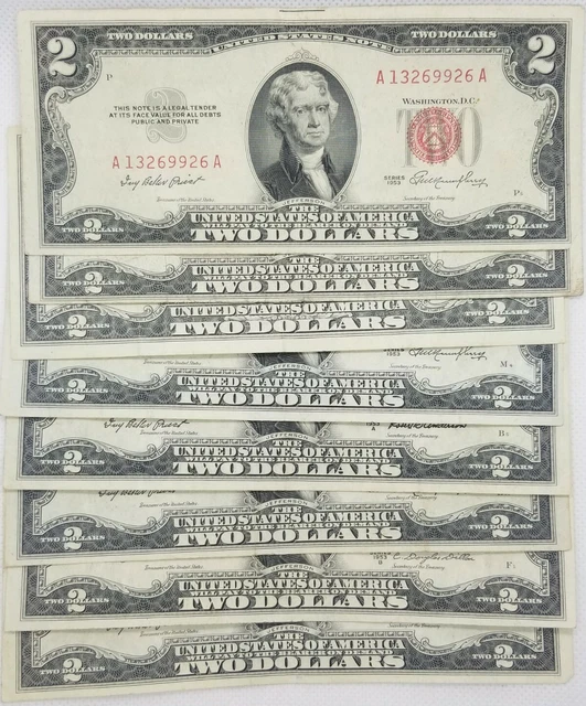 1953/1963 Two Dollar Bill $2 Note Fancy Red Seal Old Paper US Currency Bill Circ