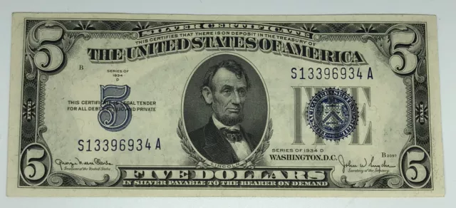 1934-D $5 Dollar Silver Certificate Note Uncirculated