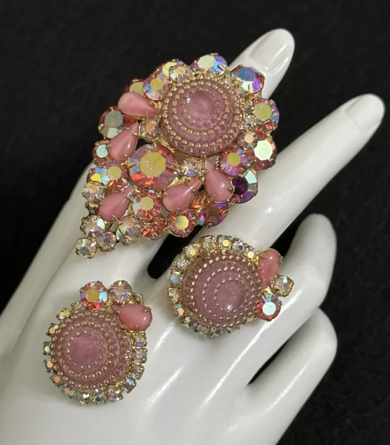 Vintage Gorgeous Pink Rhinestone Juliana Glass Cabochon Earrings Brooch Set