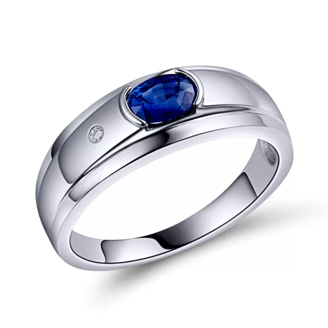 Jewelry Solid 18K White Gold Diamond Sapphire Engagement Wedding Band Men Ring