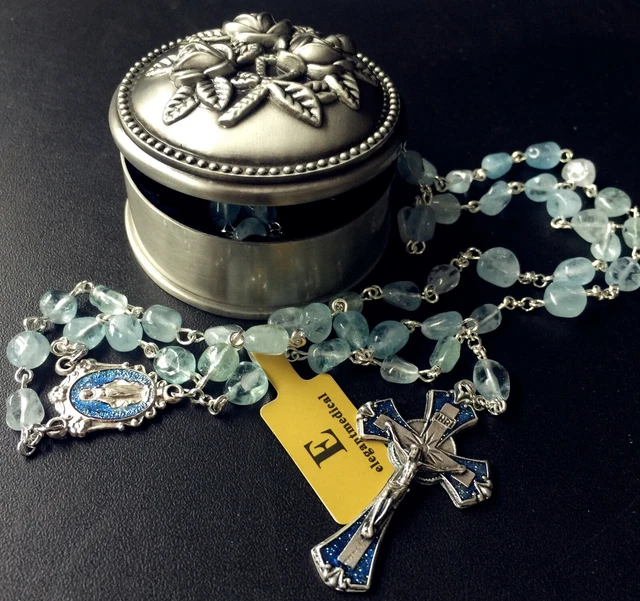 Aquamarine Beads Silver Jesus Crucifix 5 Decade Rosary Cross Catholic Necklace