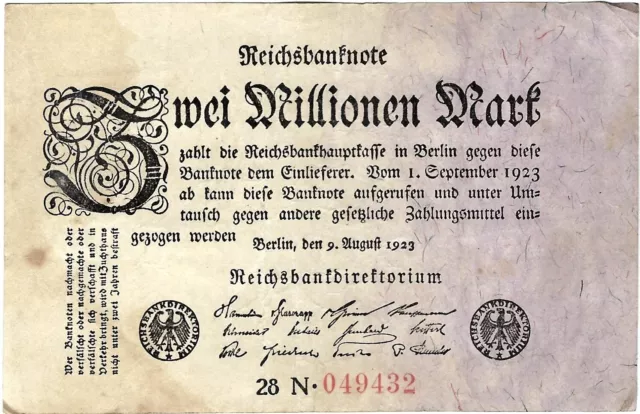 Reichsbanknote 2 Millionen Mark 1923 Reichsbank DEU-115b Ro.102b P-103