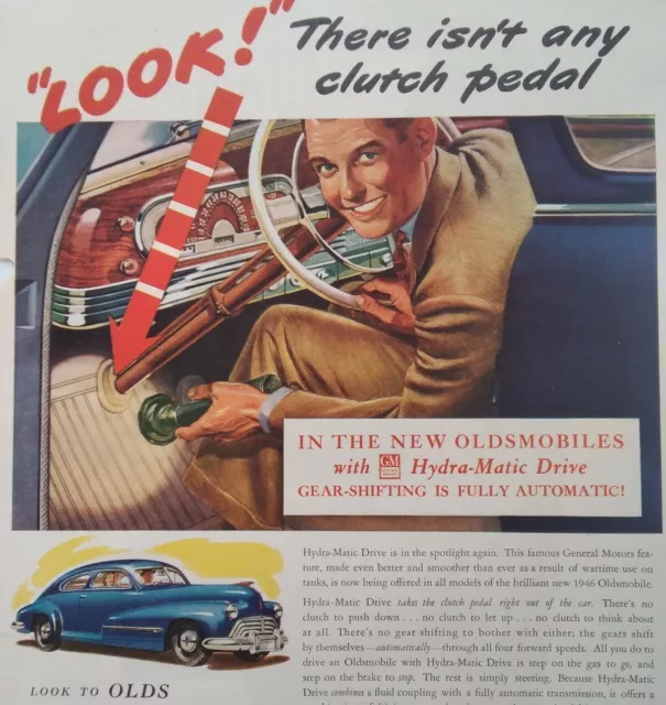 Oldsmobile Print Ad Original Vintage 1940s GM WW2 Hydra-Matic Trans Blue Coupe