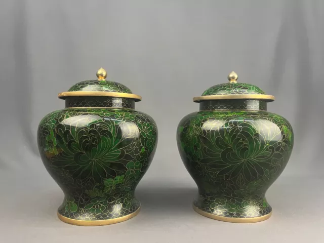 Pair of Chinese Cloisonné Jade Green 10" Ginger Jars Lidded Urns Brass Finial