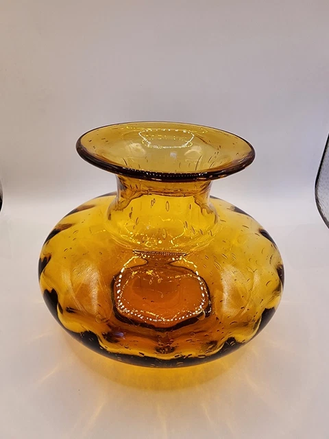 Pier 1 Hand Blown Art Glass Amber Vase With Bubbles