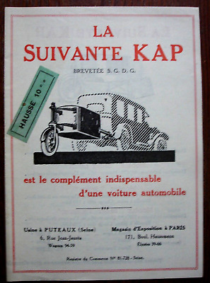 PUBLICITÉ 1924 LA SUIVANTE KAP REMORQUE POUR LA CHASSE SALON DE L'AUTOMOBILE 