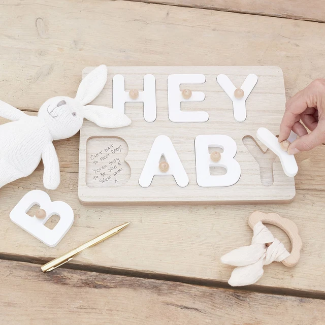 Rompecabezas de madera Hey Baby Shower libro de invitados boda libro de invitados recuerdo