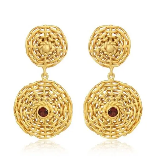 Wire Wrapped Spiral Earring Gold Plated Red Garnet Brass Double Round Earrings