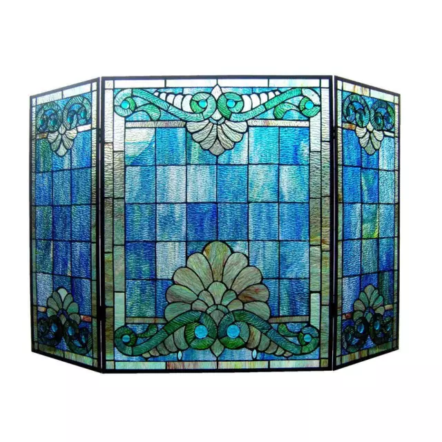 Tiffany Style Baroque Stained Glass 3-Panel Fireplace Screen Victorian Theme