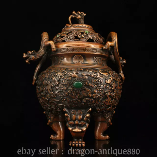 9.2" Old Chinese Purple Bronze inlay gem Dragon beast Incense Burner Cense