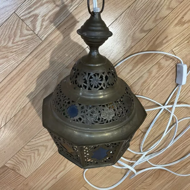 Antique Moroccan Turkish Islamic Pierced Brass Pendant Lamp Lantern