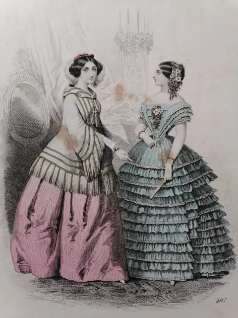 Les Modes parisiennes 19th Engraving Dresses and Ball Outing by Mrs. Quiller