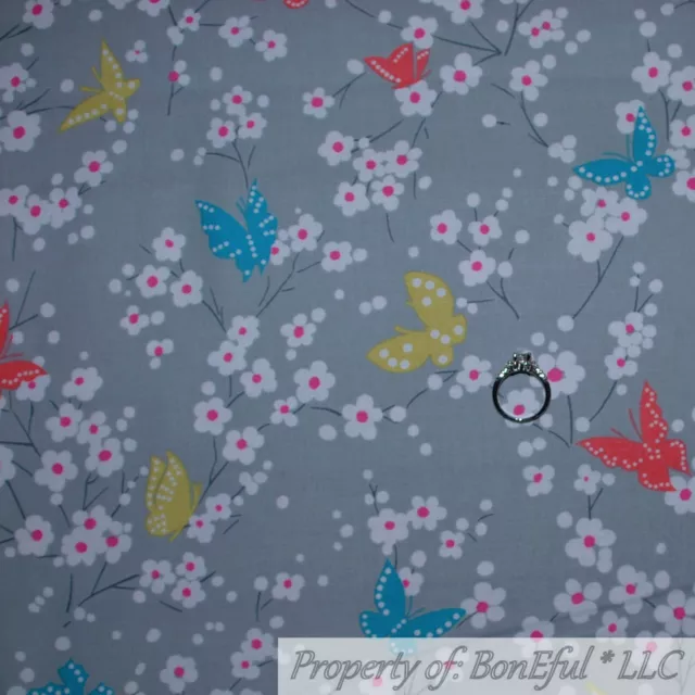 BonEful FABRIC FQ Cotton Quilt Gray Butterfly White Pink Flower Dot Cherry Tree