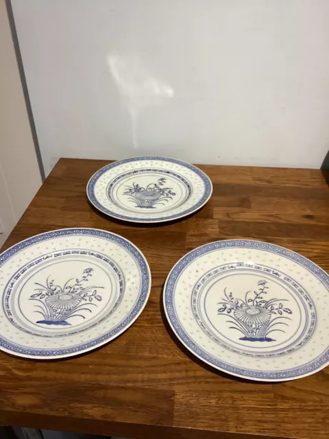 VINTAGE CHINESE TIENSHAN  RICE EYE LARGE DINNER / SERVING PLATES x 3 - 25.5cm