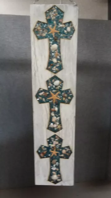 sea shell wall cross, recycled material, panel of three, decorative wall crosses