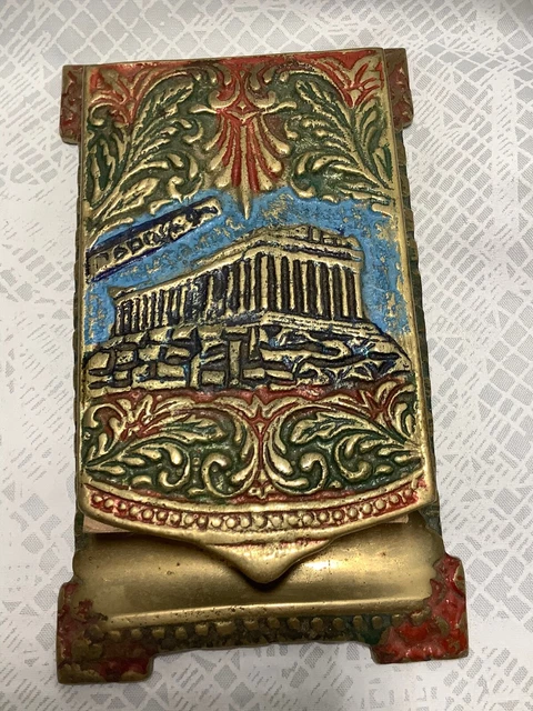 Vintage Brass Parthenon Notepad and Pencil Holder brass with enamel color