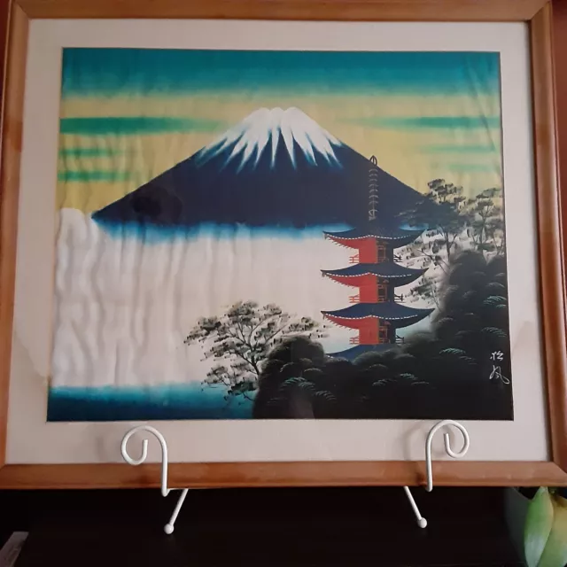Vintage Silk Painting Landscape Mt Fuji Scene Japanese Art ~ Framed
