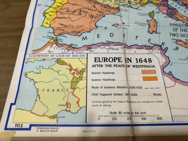 1964 DENOYER GEPPERT H12 EUROPE 1648 FOLDING CLOTH SCHOOL MAP 33" x 43.5" 3