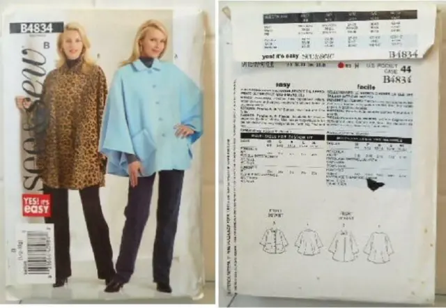 Butterick See & Sew Sewing Pattern 4834 Misses' Ponchos Sizes Lrg-Xlg