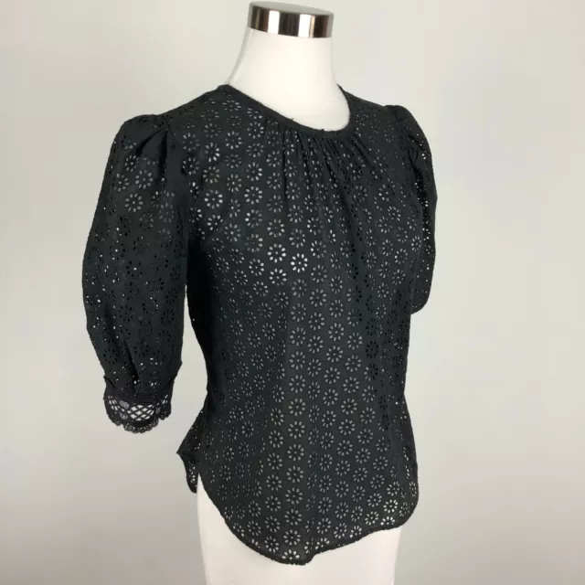 Maje Floral Eyelets Puff Sleeves Open Back Blouse Top Size 2 or US XS/S Black