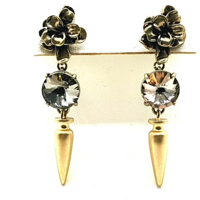 Stella & Dot Earrings Gray Crystal Rivoli Gold Toned Floral Pierced Dangle Stella & Dot Earrings Gray Crystal Rivoli Gold Toned Floral Pierced Dangle