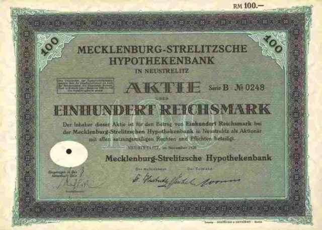 Mecklenburg Strelitzsche Hypothekenbank 1926 Neustrelitz Schwerin 100 RM SerieB