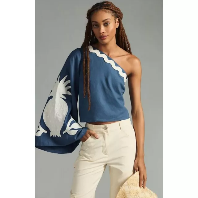 NWT Anthropologie Farm Rio One-Shoulder Top Pineapple Blue White Size XXS Blue