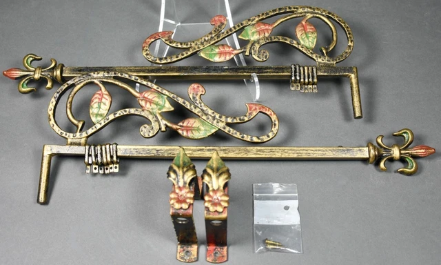 Pair of Matched Art Deco Fleur de Lis Swing Arm Curtain Rods Brackets Complete