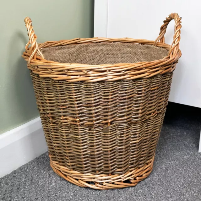 Unpeeled Log Basket Lined Woven Wicker Brown Round Fireplace Storage With Handle