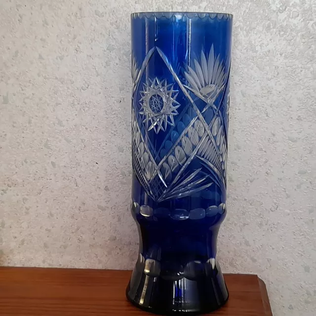 Très Grand Vase en Cristal Beu Cobalt, Bohemia, Rare, Bon État.