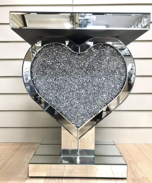 Mirrored Crushed Crystal Diamond Pedestal Table Heart Shape End Table Lamp Table