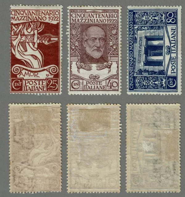 REGNO 1922 – Giuseppe Mazzini - Serie completa 3 valori nuovi MLH